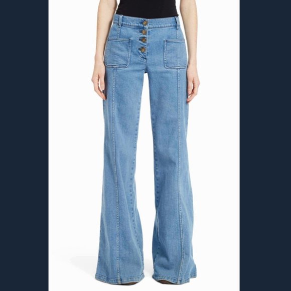 * Chloe Sz 6 / 38 Denim Flared Jeans Bell Bottom Button Fly Patch Front Pocket - Picture 2 of 15
